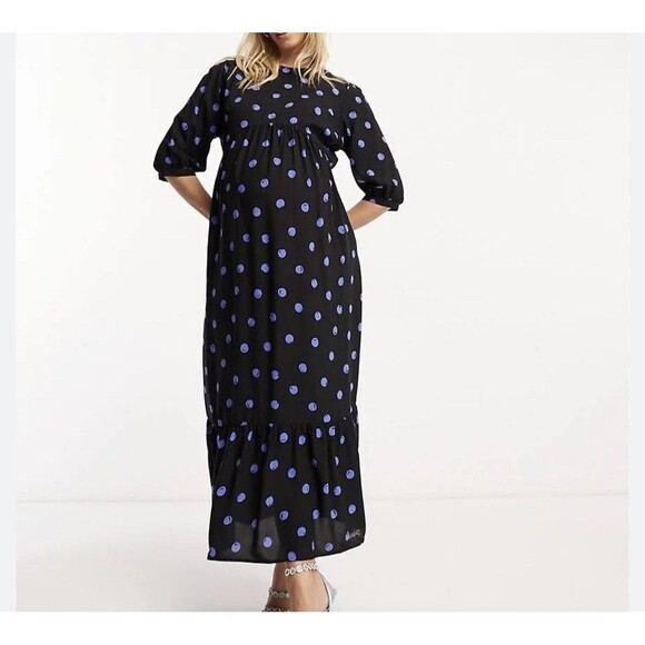 Nobody's Child Maternity Dress UK 12 US 8 Rachel Puff Sleeve Midi Blue Dot - Picture 2 of 8
